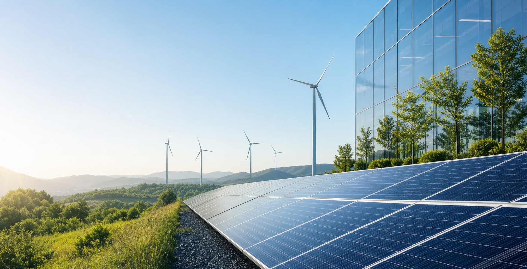 Solar panels and wind turbines at a clean energy site
